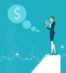 Businesswoman on top of the stairs, looking for the business growing charts and diagrams and representing professional success. Business concept illustration. 
