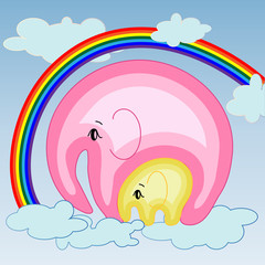 Elephant with an elephant on the clouds, on the rainbow. The concept of motherhood, caring, love, peace, tenderness.
