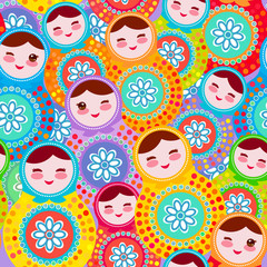 pretty Russian dolls matryoshka, pink blue green colors colorful bright, seamless pattern. Vector