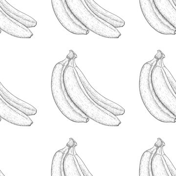 Bananas. Hand drawn black and white sketch as seamless pattern