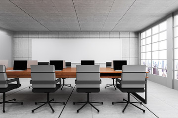 3D Rendering : illustration of Conference room interior. wooden table in cement concrete wall and floor. city view. copy space on screen. e commerce office business concept. internet cafe