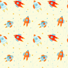 Seamless pattern with cartoon vector rockets