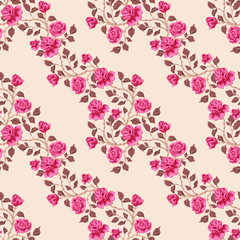 Floral seamless pattern with pink   roses. Diagonal branches with flowers.  illustration  for textile, print, wallpapers, wrapping.