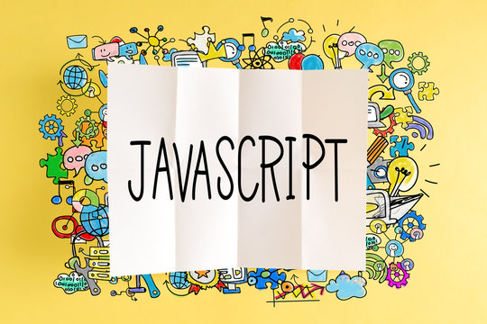 Javascript text with colorful illustrations on a yellow background