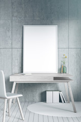 3D Rendering : Illustration of white picture frame mock up on a wooden desk. Mock up white poster interior hipster design. white tile floor and concrete loft wall. clipping path included