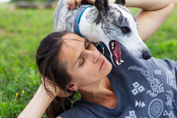 Woman with her cute dog. The whippet is resting with his owner. 