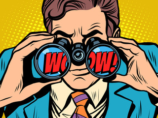 wow Businessman looking through binoculars - obrazy, fototapety, plakaty