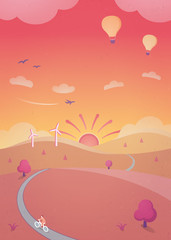 Fototapeta na wymiar Rural Landscape with Rolling Hills & Sunset - an illustration with beautiful scenery and outdoor activities such as cycling and hot air ballooning.