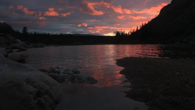 sunset, red, water, clean, mountain,  river, stream , landscape, park, stone, summer, flow, sky, fresh, outdoor, travel, fall, forest, season, beautiful, flowing, flood, cloud, nati