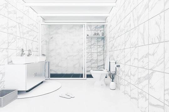 3D Rendering : illustration of White toilet and bathroom with marble tile wall and white marble floor. white ceramic bowl on shelf. design of white toilet. comic halftone picture style process