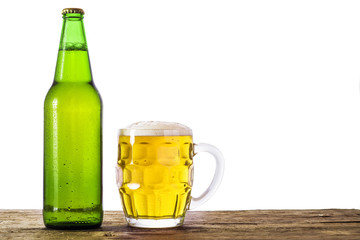 Beer on wooden table, white background
