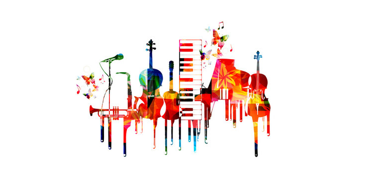 Music poster with music instruments. Colorful piano keyboard, saxophone, trumpet, violoncello, contrabass, guitar and microphone with music notes isolated vector illustration design