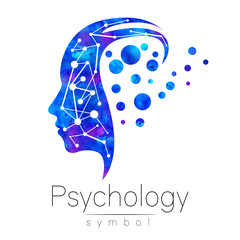 Modern head sign logo of Psychology. Profile Human. Logotype. Creative style. Symbol in . Design concept. Brand company. Blue watercolor color isolated on white background. Icon for web, print