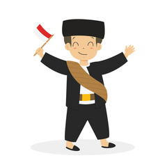Obraz premium Jakarta, Betawi boy wearing traditional dress and holding Indonesian flag cartoon vector 