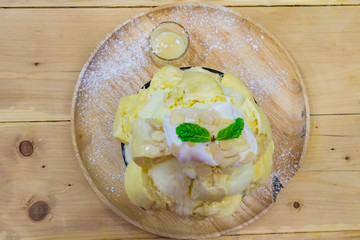 Bingsu Durian with icecream served with condensed milk