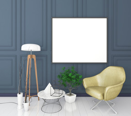 mock up poster frame in classic interior background, modern style, 3D render, 3D illustration
