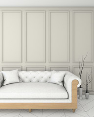 mock up beige interior background with sofa, classic style, 3D render, 3D illustration