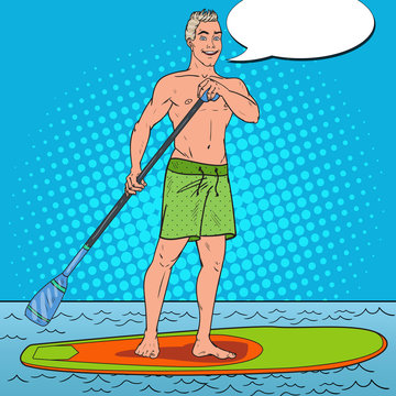 Pop Art Man Paddling on Stand Up Paddle Board. SUP Watersport on the Sea. Vector illustration