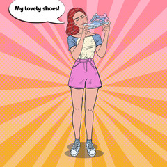 Pop Art Beautiful Woman with Running Shoes. Healthy Lifestyle. Vector illustration