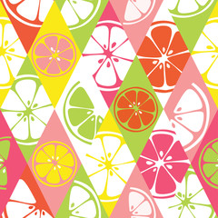 Fresh seamless pattern with color citrus juicy fruit of orange, grapefruit, lemon, lime