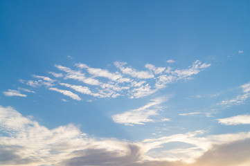 Obraz premium White fkuffy cloudy lines on the light-blue summery sky