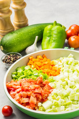 Raw zucchini saute in a skillet. Selective focus, space for text.