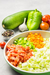 Zucchini, tomato and pepper saute. Selective focus, space for text.