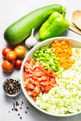 Zucchini, tomato and pepper saute. Top view.