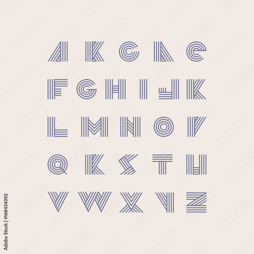 Poster font based on purple stripes in geometric style. vector collection of letters sequence from a to z.
