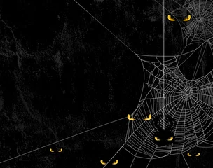 Fototapeten Spider web silhouette against black shabby wall and evil yellow eyes - halloween theme spooky background with place for your text © Cattallina