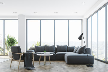 White living room interior with a gray sofa