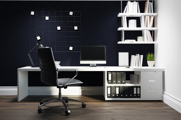 Black wall home office, black chair
