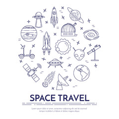 Space travel line banner. Set of elements of planets, space ships, ufo, satellite, spyglass and other cosmos pictograms.