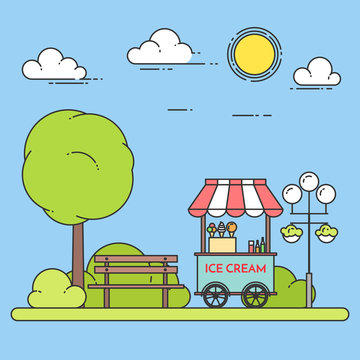 Ice Cream Cart On Wheels. Sweet Frozen Food Kiosk In Public Park . Vector Illustration.