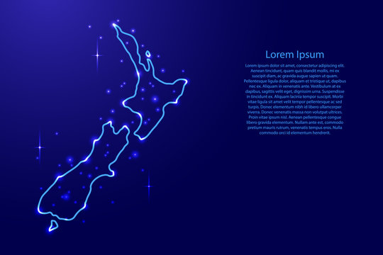Map New Zealand from the contours network blue, luminous space stars of vector illustration