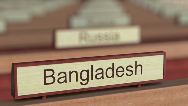 Bangladesh name sign among different countries plaques at international organization. 3D rendering