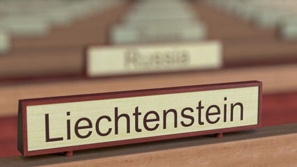 Liechtenstein name sign among different countries plaques at international organization. 3D rendering