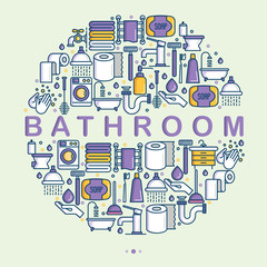 Bathroom equipment concept in circle with thin line icons. Hygiene, purity, beauty, plumber related icons. Vector illustration for banner, web page, print media.