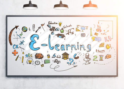 Colorful e learning sketch on a whiteboard