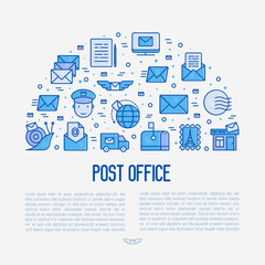 Fototapeta na wymiar Post office concept in half circle with thin line icons. Symbols of shipping, delivery, packaging. Vector illustration for banner, web page, print media.