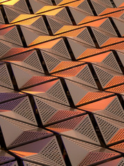 metallic geometric cladding or panels in copper and gold colours with repeating angular pattern