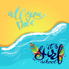 Surfing school logo, emblem or label design template with surf board raster copy