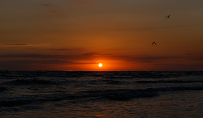 The coast of the Caspian Sea at sunset