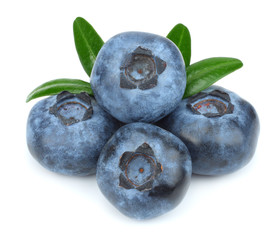 blueberries with green leaf isolated on white background
