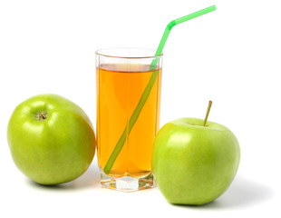 Green apple with juice isolated on white background