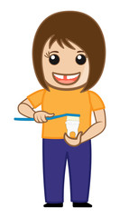 Cartoon Funny Girl Cleaning denture Vector
