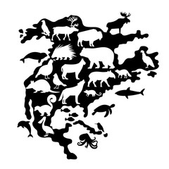 Silhouettes of Animals and Birds on North America Map