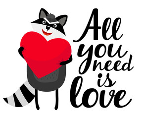 Raccoon and heart with the inscription 