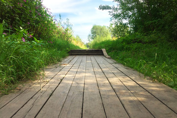 A deserted wooden path. Low angle.