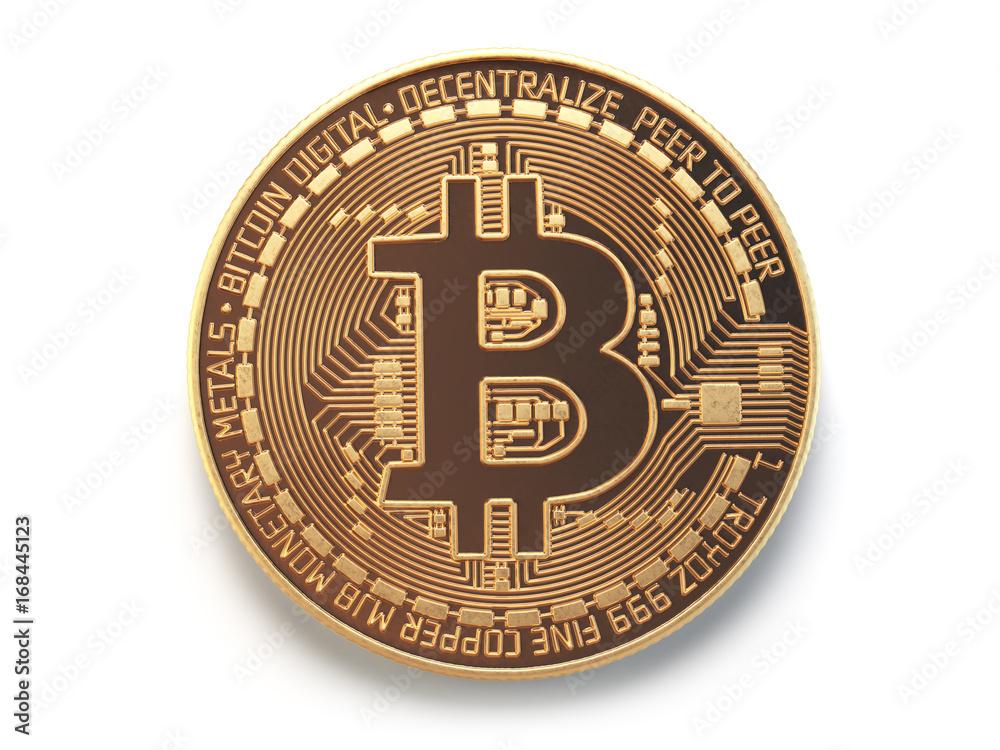Poster golden bitcoin coin virtual currency isolated on white background.